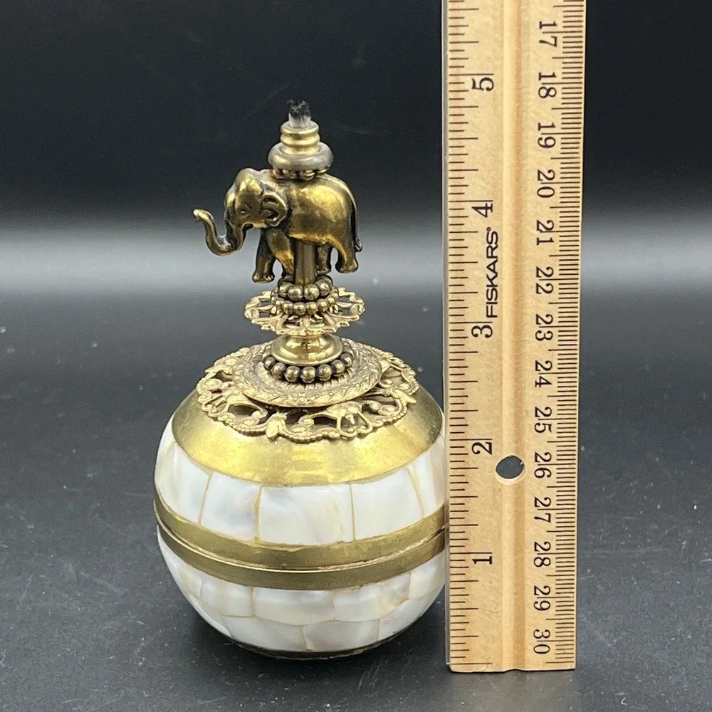 Ornate Brass Mother of Pearl Elephant Oil Lamp Glass Decorative Jeweled 4.5